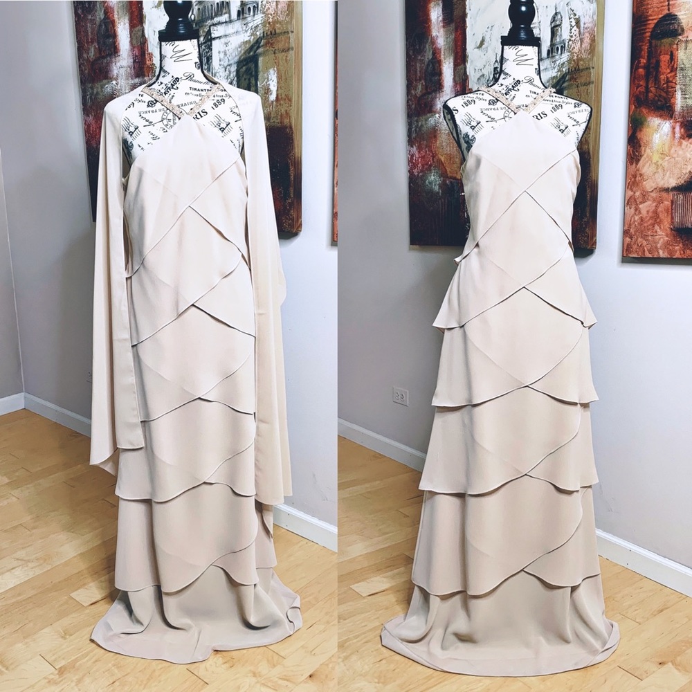 Jovani Tiered Ruffle Beaded Strap Gown w Shawl